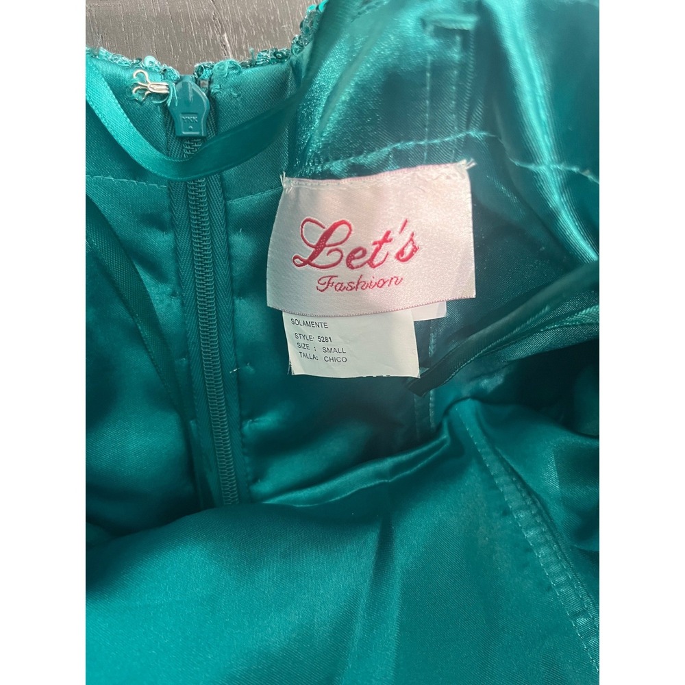 Emerald Green High Low Dress Sequin Crystal Embellished Ruffle Gown Strapless SM - Picture 16 of 17